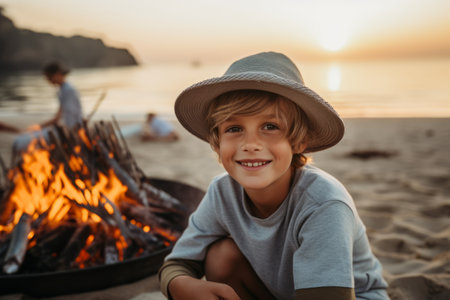 happy boy in hat sitting near campfire on beach during summer vacationの素材