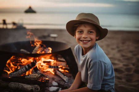 happy boy in hat sitting near bonfire at beach during summer vacationの素材