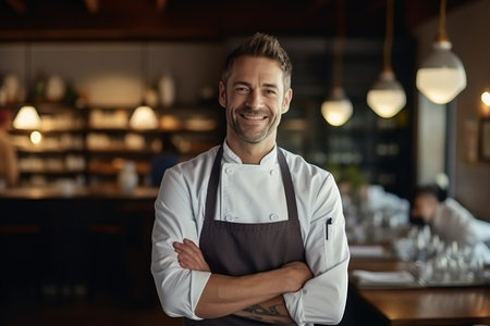 Portrait of a smiling waiter standing with arms crossed in a restaurantの素材