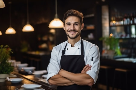 portrait of smiling male barista standing with crossed arms in cafeの素材