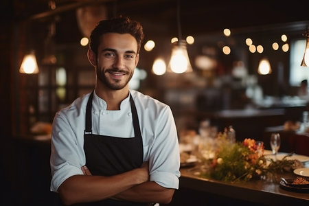 Portrait of smiling waiter standing with arms crossed at counter in cafeの素材