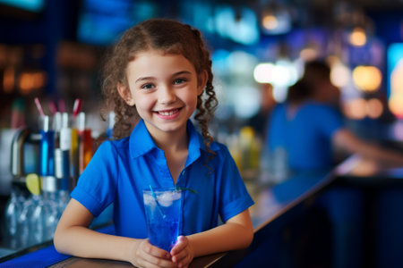 little girl at the bar with a cocktail in a blue glass.の素材