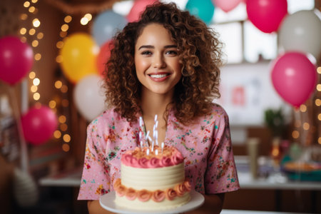 Portrait of happy young woman holding birthday cake with candles and balloonsの素材
