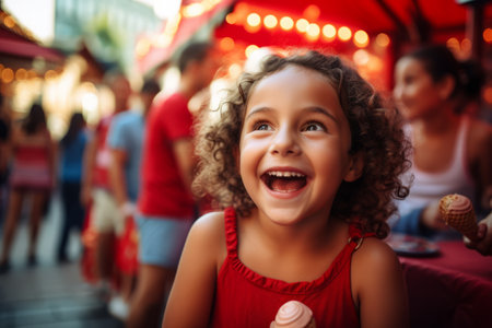 Cheerful little girl eating ice cream at amusement park outdoors.の素材