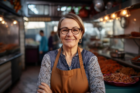 Portrait of mature woman in apron looking at camera while standing in front of counter in cafeの素材