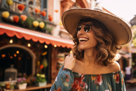 Portrait of a smiling young woman wearing summer hat and sunglasses standing outdoorsの素材
