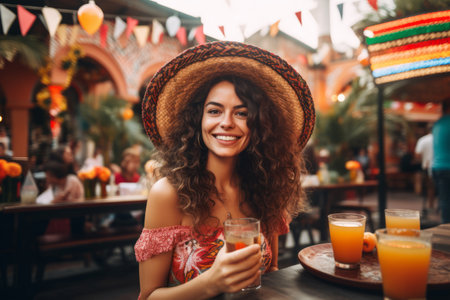 Portrait of a smiling young woman in a mexican sombrero holding a glass of orange juice.の素材