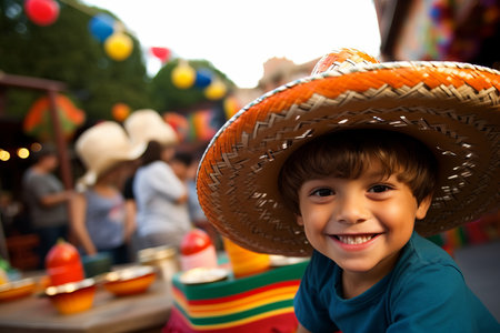 Cute little boy wearing sombrero in Mexican street food festivalの素材
