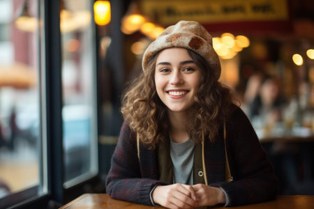 Portrait of a beautiful young woman sitting in a cafe and smilingの素材