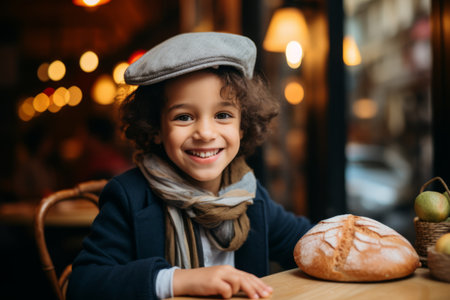 Portrait of a cute little boy in a cafe with bread.の素材