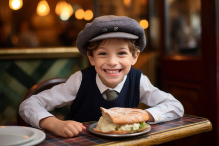 Portrait of a cute little boy in a beret holding a hamburger and smilingの素材