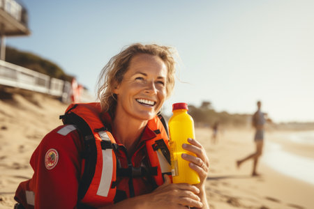 Cheerful woman in life jacket holding bottle of water on beachの素材