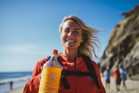 Portrait of smiling woman holding bottle of water at beach during obstacle courseの素材