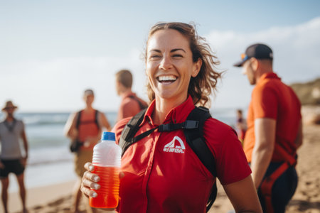 Portrait of smiling woman holding bottle of water on beach with friends in backgroundの素材