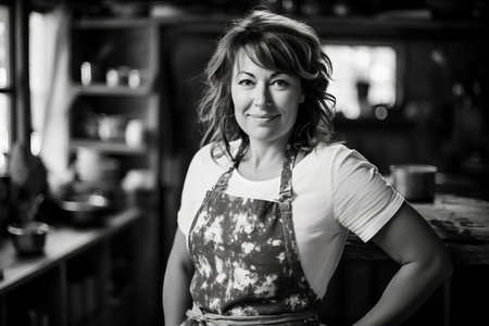 Portrait of a beautiful woman in the cafe. Black and white photo.の素材