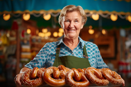 Happy senior woman with fresh bavarian pretzels in bakeryの素材