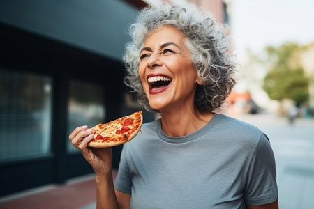 Cheerful mature woman eating pizza while standing in the city streetの素材