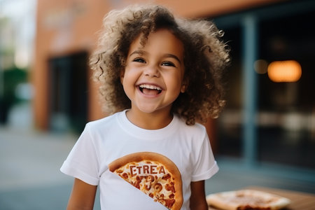 Portrait of a cute little african american girl eating pizza outdoorsの素材