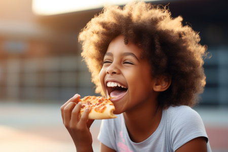Portrait of happy african american little girl eating pizza outdoorsの素材
