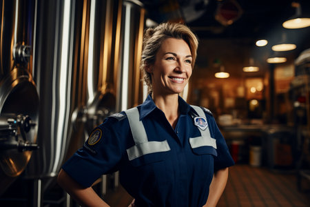 Portrait of smiling female pilot standing with arms akimbo at breweryの素材