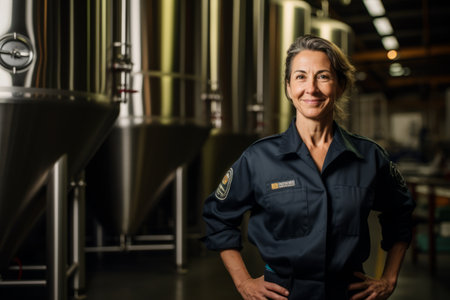 Portrait of confident female technician standing with hands on hips at breweryの素材