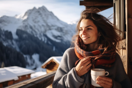 Young woman with a cup of hot drink on the background of mountainsの素材