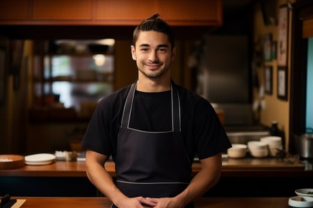 Portrait of a smiling young man in apron standing in cafeの素材