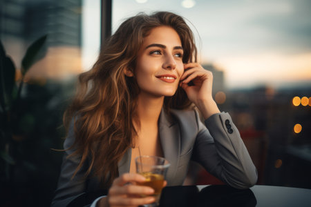 Portrait of a beautiful young woman drinking champagne in a restaurant.の素材