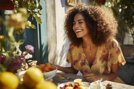 Portrait of a beautiful young african american woman smiling and eating fruits in a cafeの素材