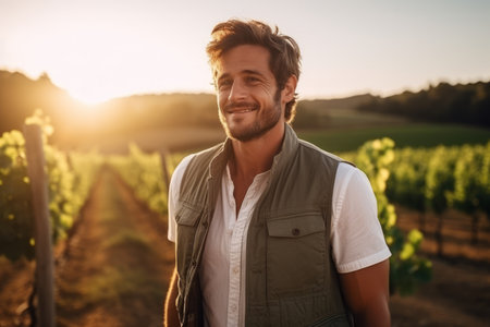 Portrait of a handsome young man standing in vineyard at sunsetの素材