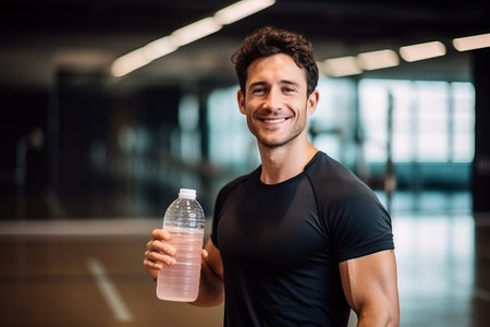 Portrait of smiling sportsman holding bottle of water in fitness studioの素材