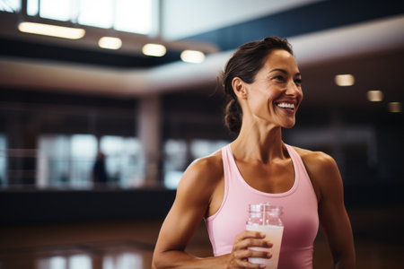 Portrait of smiling sportswoman holding water bottle in fitness studioの素材