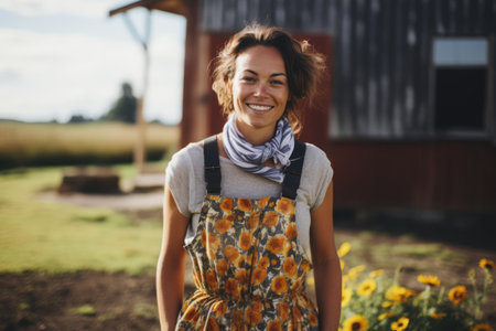 Portrait of a smiling young woman standing outdoors with sunflowersの素材