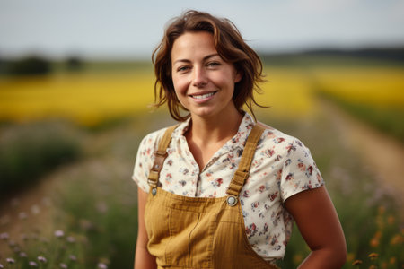 Portrait of a smiling young woman standing in a field of lavenderの素材