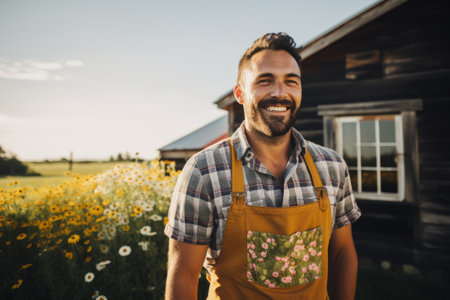 Farmer standing in front of a farmhouse smiling at the cameraの素材
