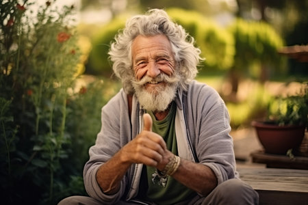 Senior man with gray hair and beard sitting in garden and showing thumbs upの素材