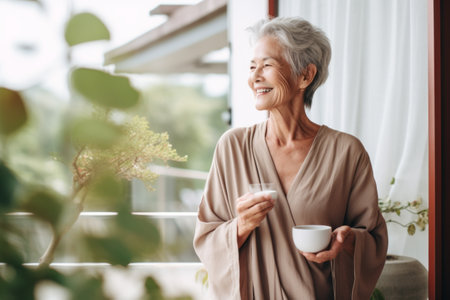Cheerful senior woman holding cup of tea and smiling while standing near window at homeの素材