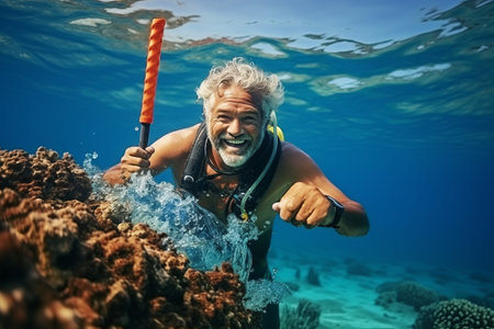Senior man snorkeling in tropical coral reef, underwater shotの素材