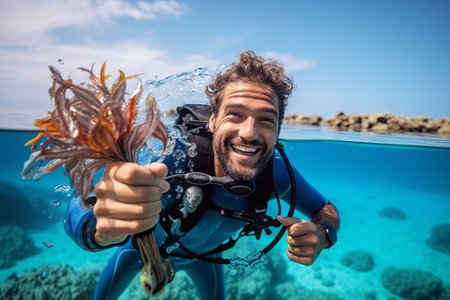 Scuba diver holding seaweed in his hands while diving in the oceanの素材