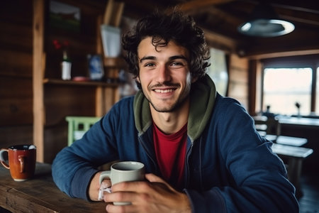 Portrait of happy young man holding cup of coffee in coffee shopの素材