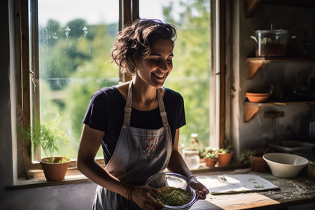Young woman in apron preparing salad in the kitchen at home.の素材