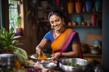 indian woman cooking in kitchen at home, she is wearing sareeの素材