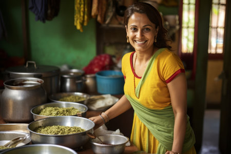 Portrait of smiling woman preparing tea at the kitchen in the countrysideの素材