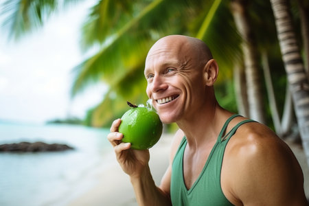 Portrait of a smiling man with a green coconut on the beachの素材
