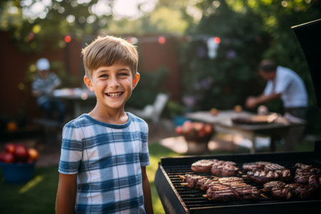 Portrait of a smiling boy in a blue checkered shirt standing in front of a barbecue and looking at the cameraの素材