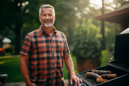 Senior man grilling meat on barbecue grill outdoors. Smiling mature man in checkered shirt standing near barbecue grill.の素材