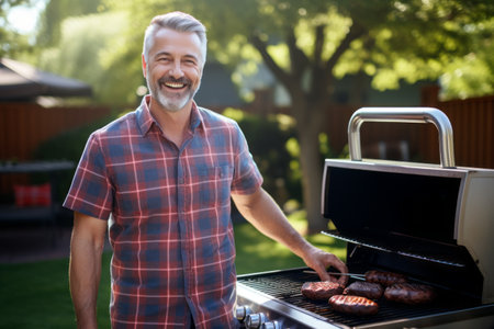 Portrait of smiling mature man preparing sausages on barbecue grill in backyardの素材