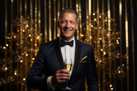 smiling mature man in tuxedo holding glass of champagne and looking at cameraの素材