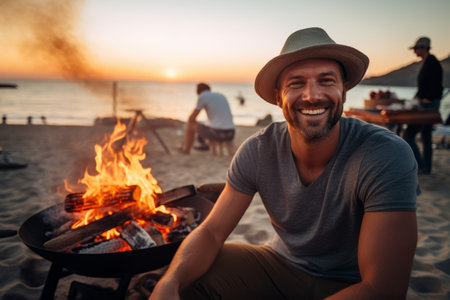 Happy man sitting on the beach by the fire and smiling at cameraの素材