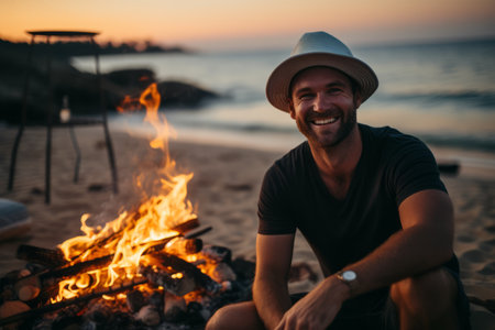 Portrait of a young man sitting by the fire on the beach at sunsetの素材